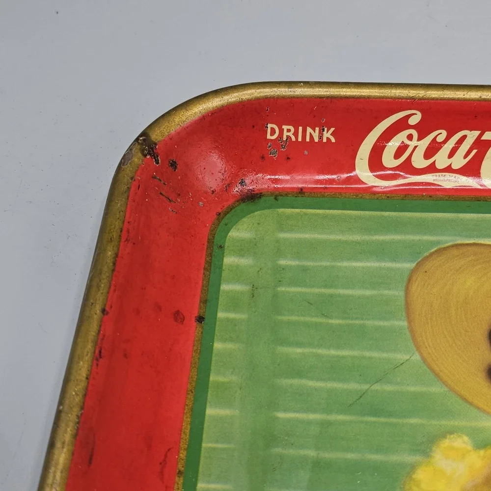 Vintage Coca Cola Girl In The Shade Metal Tin Lithographed Serving Tray 1938 30s